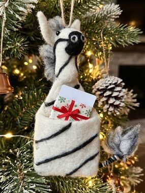 Felted Zebra Gift Card Holder Ornament – Handcrafted Christmas Tree Ornament